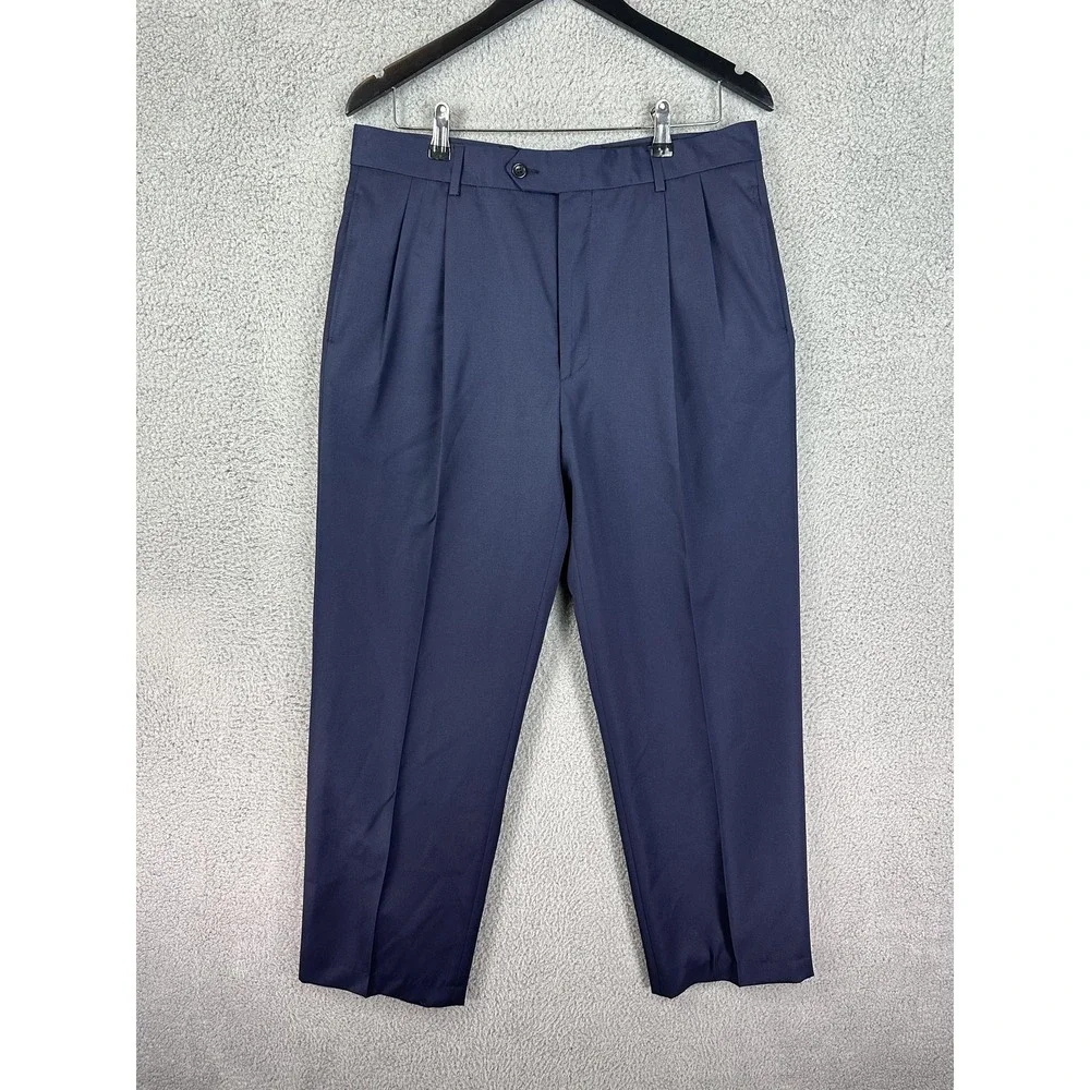 Jos. A. Bank Dress Pants Mens 34R Navy Blue Pleated Slacks Made in Italy Office